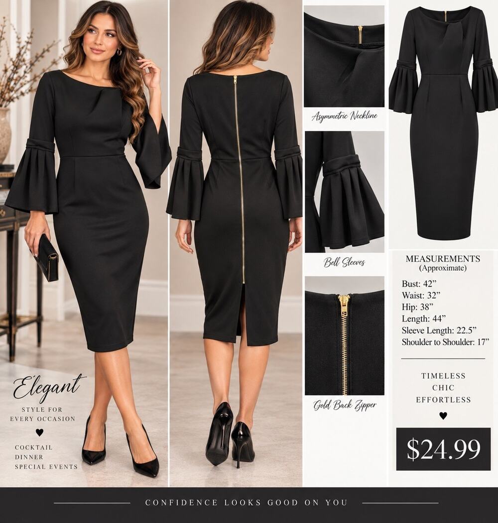 Women’s Black Midi Dress Bell Sleeve Fitted Bodycon Gold Back Zip Elegant Large